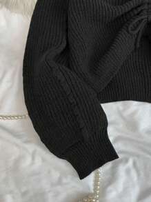 Tween Girls' Loose Casual Fashion Ruched Short Solid Comfortable Long Sleeve Pullover Sweater - Black - View 4