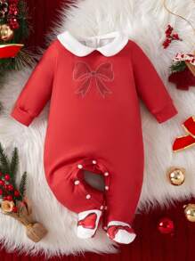 SHEIN Mono rojo para recién nacida, monos de moda diseñados especialmente para el primer Año Nuevo del bebé, con color rojo y decoración de lazo para proporcionar un atuendo cálido, cómodo y festivo para Año Nuevo y Navidad - Multicolor - Ver 1