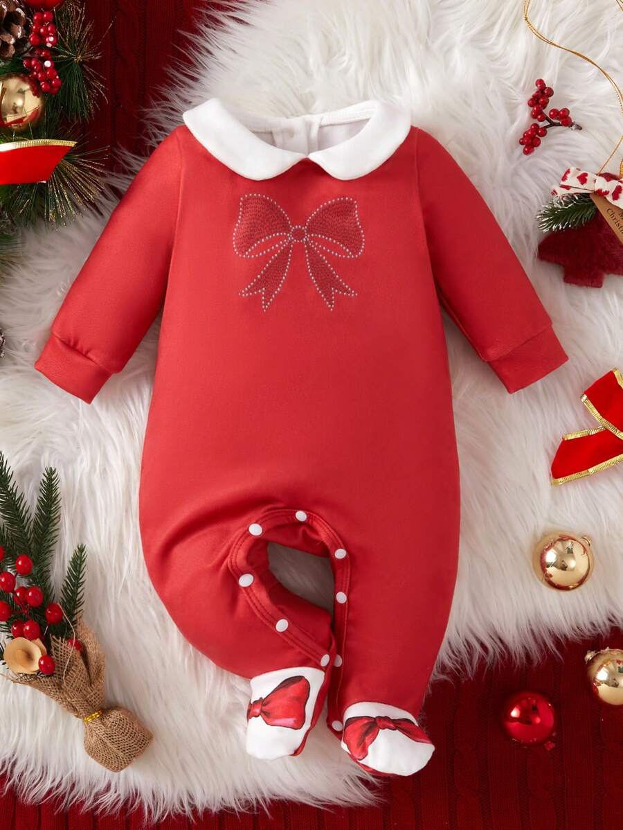SHEIN Mono rojo para recién nacida, monos de moda diseñados especialmente para el primer Año Nuevo del bebé, con color rojo y decoración de lazo para proporcionar un atuendo cálido, cómodo y festivo para Año Nuevo y Navidad - Multicolor - Ver 1