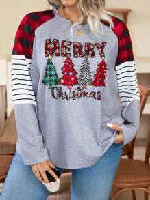 SHEIN CURVE+ 大码圣诞简约休闲 T 恤，日常穿着图案 T 恤女式上衣 - 彩色 - 查看 5