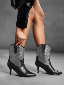 CUCCOO SZL Women's Pointed Toe High Heels With Rhinestone Embellished Chunky Heel Ankle Booties, Sexy Party Boots For Christmas & New Year