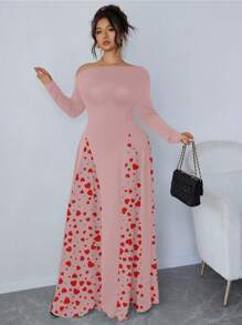 Flirla 大码女式不对称领口长袖粉色拼布心形优雅连衣裙，情人节 - 粉色 - 查看 6