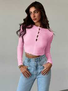 Aloruh Romantic Date White Fitted Long Sleeve Crop Rib Knit Round Neck Ruffle Bow Slit Women T-Shirt - Pink - View 3