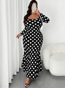 SHEIN LUNE Plus Size Long Sleeve All-Over Print Casual Short Dress Maxi Women Outfit Fall Cloth For Women - Black and White - View 7