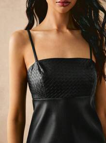 Poéselle Women's Texture PU Dress Solid Color Slip Dress Casual Versatile Sleeveless Mini Dress