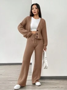 SHEIN EZwear 秋冬季女士休闲纯色长袖针织开衫两件套 - 咖啡棕 - 查看 5