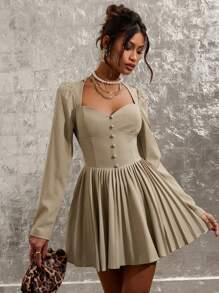 COSMINA 女士优雅纯色泡泡袖、褶边迷你连衣裙，秋季