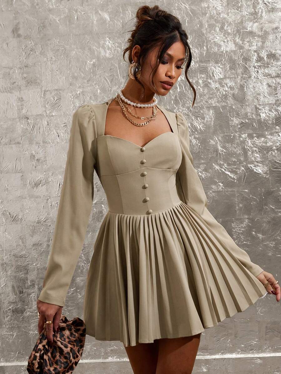 COSMINA 女士优雅纯色泡泡袖、褶边迷你连衣裙，秋季