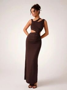 Glamine Vestido asimétrico sin mangas de punto elegante y sexy de color marrón café con escote hueco para mujeres, atuendo largo para otoño/invierno, Año Nuevo y Día de San Valentín