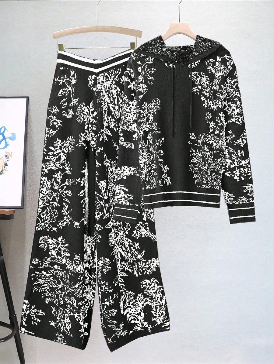 Linhara 2 件女式加大码简约纯色印花毛衣套装，适合万圣节、新年、情人节、感恩节、圣诞节、复活节、正式派对、除夕、冬季 - 黑與白 - 查看 1