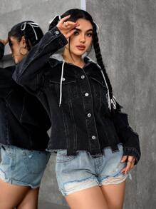 SHEIN PETITE 女款拼色連帽做舊毛邊飾鈕扣前襟長袖牛仔夾克，小碼女裝 - 黑色 - 查看 5