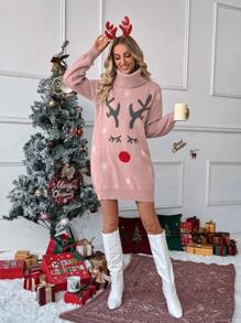 SHEIN LUNE Christmas Inspired Big Deer Graphic Oversize Turtleneck Lantern Sleeve Loose Mid-Calf Sweater Dress, Stylish & Rejuvenating For Autumn/Winter, European & American Style - Dusty Pink - View 5