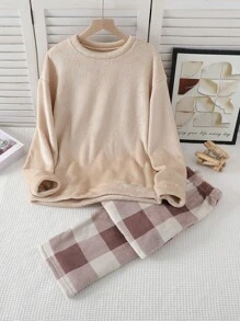 2pcs Tween Girls Flannel Plaid Pants And Solid Beige Long Sleeve Top Casual Pajama Set, Sibling/Matching Outfits (Sold Separately)