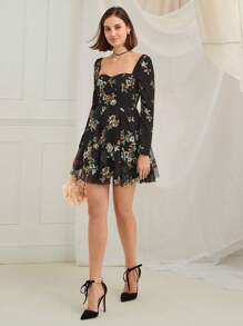 Enchnt Women's Elegant Black Floral Sequined Mesh Square Collar Mini Dress,Autumn Holiday New Years Winter Outfits For Christmas Party& Dinner Date - Black - View 6