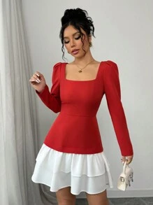 Elenzga Women's Elegant Contrast Color Ruffle Hem Square Collar Puff Sleeve A-Line Mini Dress, Perfect For Party And Commute, Spring/Autumn For New Year Clothes Fall Cloth For Women - Red - View 3