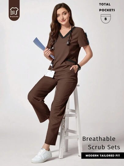 TaskEZ 2 قطعة طقم بنطلون ذو رقبة على شكل حرف V مع أكمام قصيرة ويحتوي على بنطال