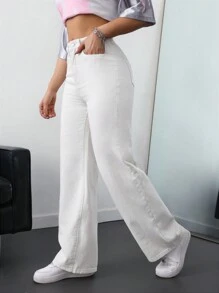 SHEIN ICON Pantalones vaqueros de pierna recta versátiles de unicolor con bolsillo