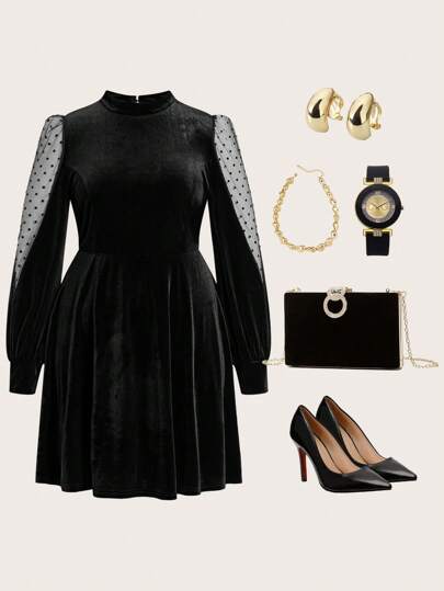 Ellevyn Plus Size Women Stand Collar Patchwork Polka Dot Mesh Elegant Dress, Autumn Dress Christmas Clothes Women Christmas Dress Holiday Party Dresswinter Dress Winter Clothes New Year Eve Dress Holiday Dress