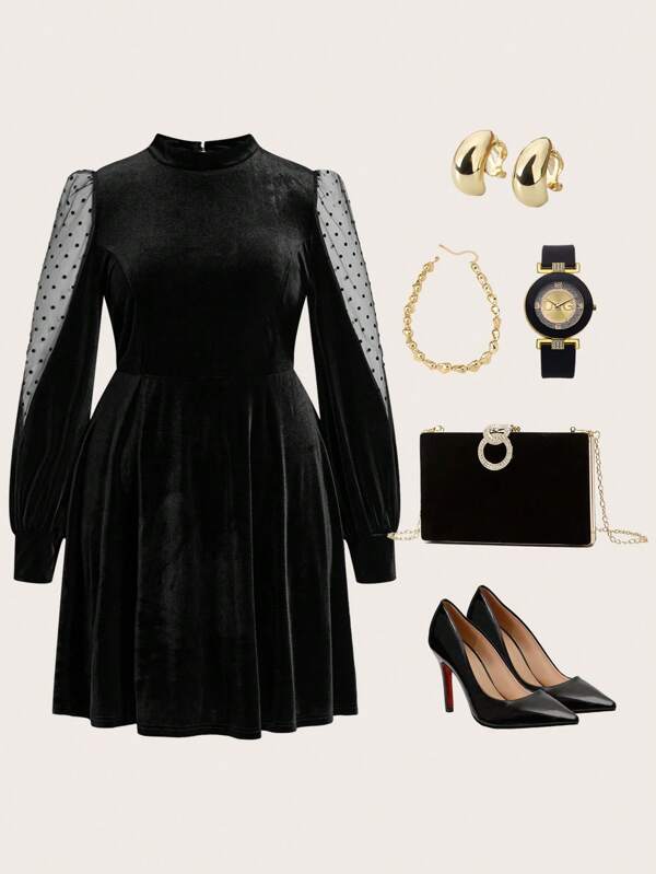 Ellevyn Vestido elegante de mujer talla grande con cuello alto, parches y lunares de malla - Vestido de otoño, Ropa de Navidad para mujer, Vestido de Navidad, Vestido para fiesta de vacaciones, Vestido de invierno, Ropa de invierno, Vestido de Fin de Año, Vestido de vacaciones