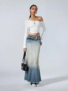 SHEIN EZwear Women's Fall 90s Fashion Country Concert Washed Denim Fish Tail Skirt - Medium Wash - View 6