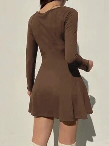 INAWLY Women Square Neck Long Sleeve Simple Casual Short Dress Fall Cloth For Women - Coffee Brown - View 2