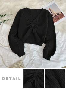 Tween Girls' Loose Casual Fashion Ruched Short Solid Comfortable Long Sleeve Pullover Sweater - Black - View 1