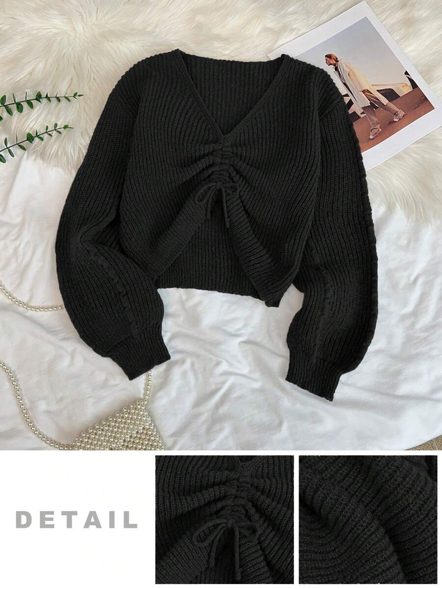 Tween Girls' Loose Casual Fashion Ruched Short Solid Comfortable Long Sleeve Pullover Sweater - Black - View 1