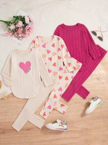 SHEIN Ensemble 3 pièces pour jeune fille : Top côtelé à manches longues, leggings imprimés cœur, tenue d'intérieur et de loisirs confortable de couleur unie, automne/hiver