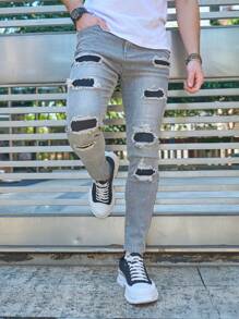 Manfinity Homme Men's Casual Distressed Skinny Washed Jeans - Grey - View 5