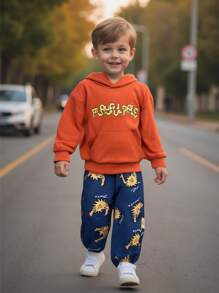 SHEIN 2 Pcs Young Boys Sets Fun Planet Cartoon Print Hoodie & Sweatpants Suit Cute/Retro/Casual/Home/Outing Winter/Fall Outfits Little Boy Clothes/Young Boy Fall Clothes - Multicolor - View 1