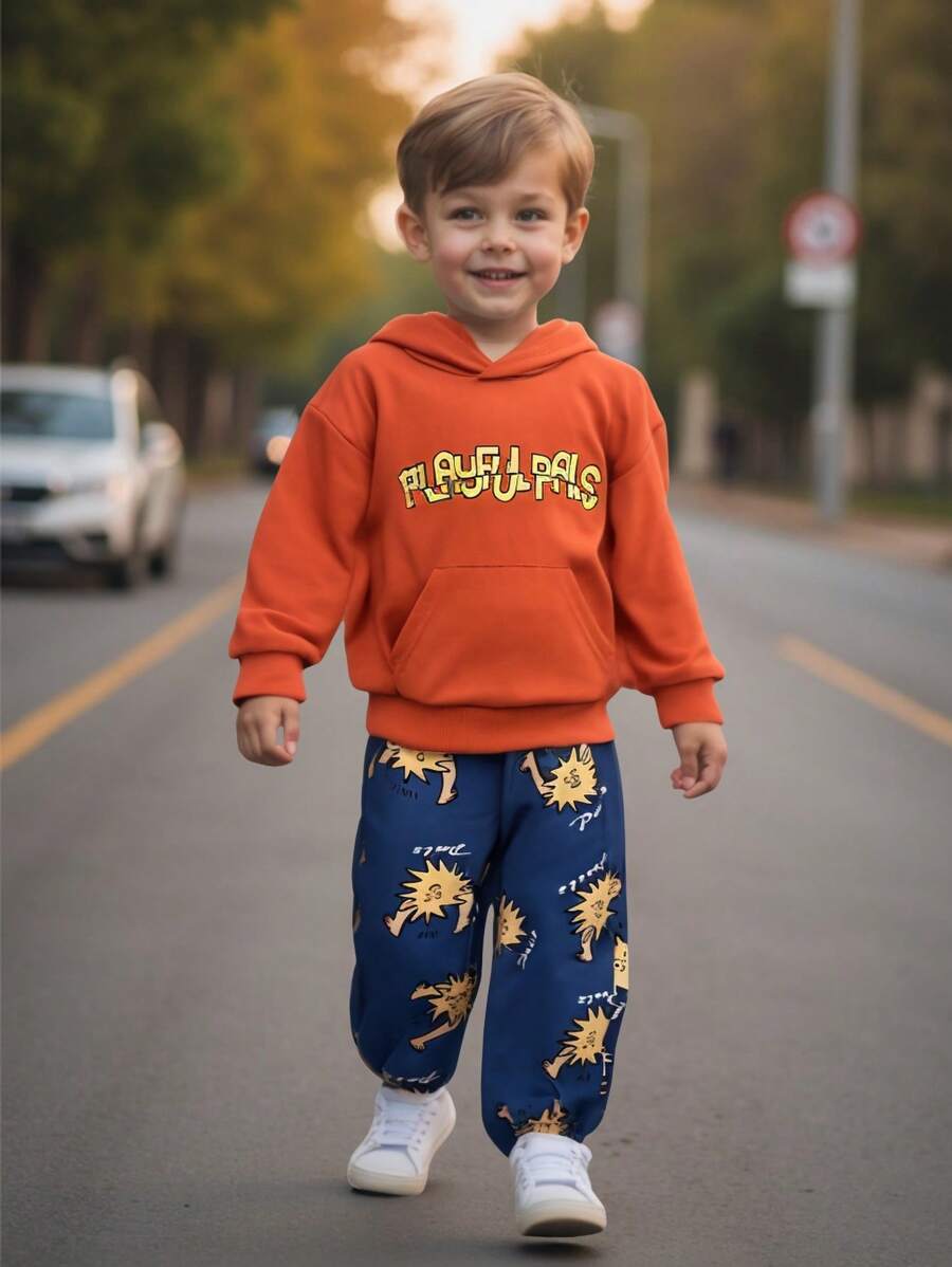 SHEIN 2 Pcs Young Boys Sets Fun Planet Cartoon Print Hoodie & Sweatpants Suit Cute/Retro/Casual/Home/Outing Winter/Fall Outfits Little Boy Clothes/Young Boy Fall Clothes - Multicolor - View 1