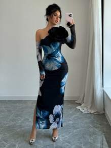 SHEIN PETITE 女士印花针织长款单肩连衣裙 - 黑色 - 查看 4