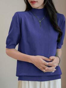 SHEIN LUNE Casual Versatile Simple Solid Color Turtleneck Short Sleeve Knit Top - Royal Blue - View 4