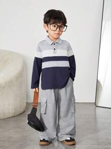 SHEIN 1 Piece Young Boys Leisure College Comfortable Fashion Simple Practical Japan And South Korea Relaxed All-Match Soft Comfort With Color Splicing With Work Pockets Wei Pants Suitable For Suburban Play Suitable For Kids Outfits School Back To School Boys Setboys Outfits Daily Suitable For School Suitable For Travel Suitable For Sports Suitable For Spring Autumn And Winter - Grey - View 2