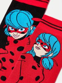 Miraculous Ladybug X SHEIN 2 pares de calcetines con estampado de figuras de dibujos animados y lunares a rayas de medianos para mujeres