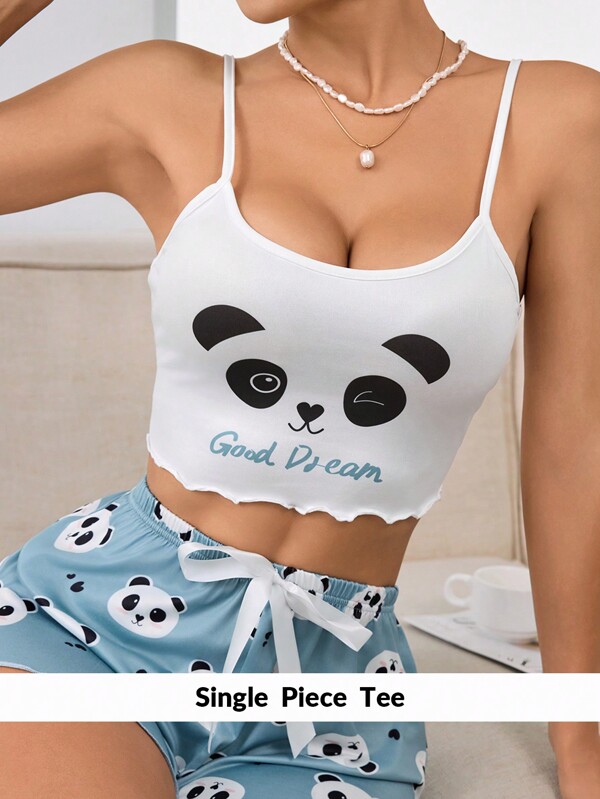 Top de camisola de pijama con patrón de texto de panda para mujeres, top lindo para el sueño de las mujeres, top sexy y lindo para mujeres