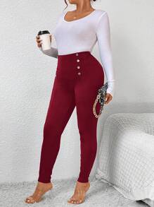 SHEIN PETITE CURVE Quần legging cạp cao màu trơn đa năng thường ngày cỡ lớn - Màu Đỏ Sâu - Xem 5