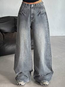 DAZY 女士休闲破洞阔腿宽松牛仔裤 - 淺色水洗藍 - 查看 1