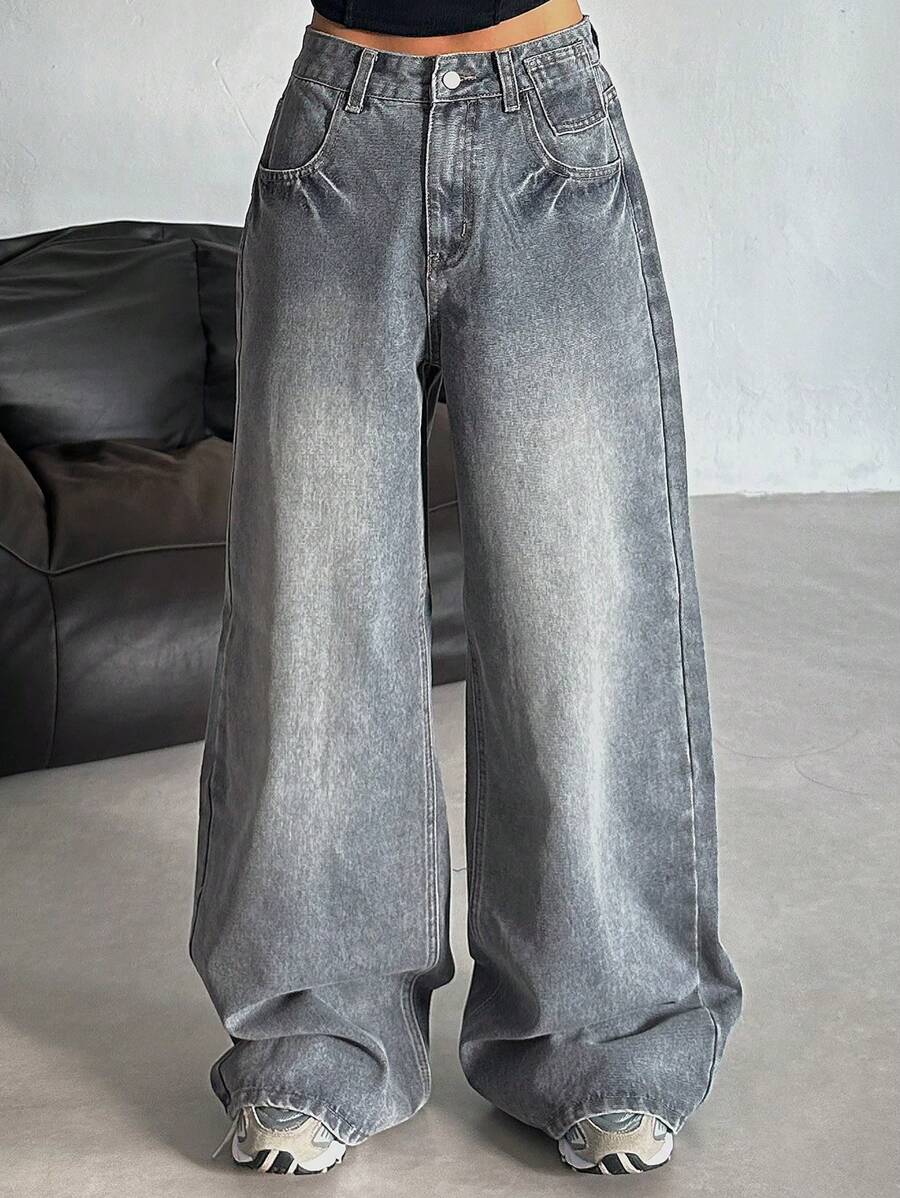 DAZY 女士休闲破洞阔腿宽松牛仔裤 - 淺色水洗藍 - 查看 1