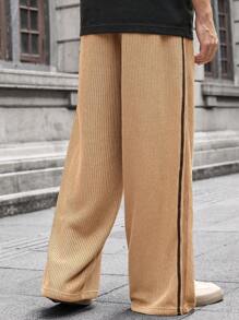 Manfinity VCAY 男士针织休闲松紧腰宽松直筒裤，年轻时尚纯色长款宽松都市休闲裤，适合日常穿着、老公、男朋友礼物 - 卡其色 - 查看 2