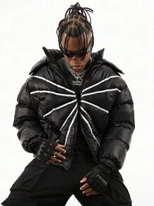 Manfinity VCAY Áo khoác trùm đầu có dây rút, họa tiết tương phản thường ngày dành cho nam, áo khoác Rapper ấm áp thời trang dự tiệc mùa đông, quà tặng cho bạn bè, chồng, bạn trai - màu đen - Xem 8