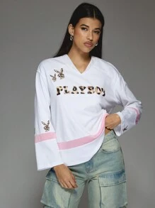 Missguided x Playboy 豹纹印花徽标针织 V 领 T 恤网眼细节长袖休闲基本款街头服饰上衣家居服秋冬款 - 彩色 - 查看 1