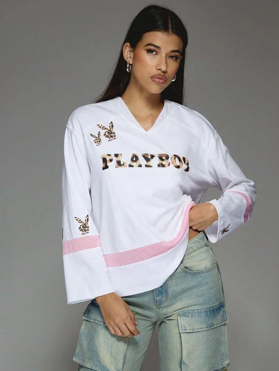 Missguided x Playboy 豹纹印花徽标针织 V 领 T 恤网眼细节长袖休闲基本款街头服饰上衣家居服秋冬款 - 彩色 - 查看 1