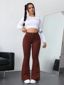 SHEIN ICON Women's High-Waist Flare Hem Casual Versatile Jeans Thickened Denim - Rust Brown - View 3