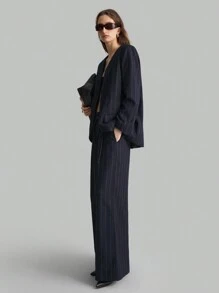 Ontre Women's Black & White Pinstripe Retro Style Loose Blazer & Pants Suit, Office Wear