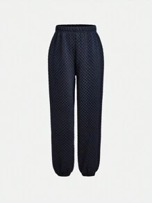 2pcs Tween Girls Quilted Collar Long Sleeve Top And Tapered Leg Pants Set - Navy Blue - View 6