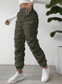 SHEIN LUNE Solid Ruched Pants Fall Cloth For Women - Army Green - View 4