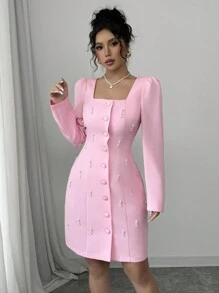 Selianne Square Neck Puff Sleeve Pearl Embellished Pink Dress Fall Cloth For Women - Pink - View 5