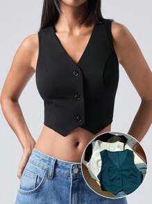 Comfortcana 3pcs Women's Solid Color Single-Breasted Casual Vest Set In Fall/Winter - Multicolor - View 5