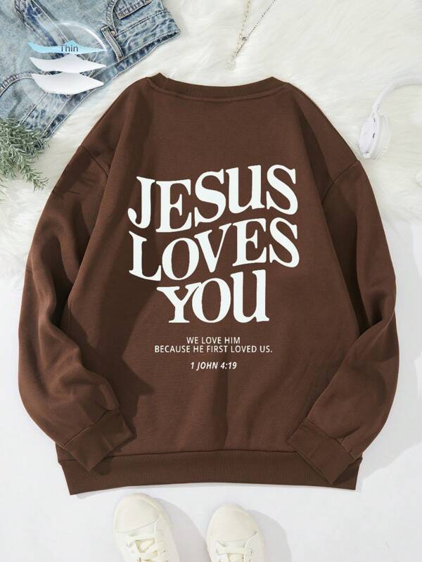 INAWLY JESUS Letter Print Crew Neck Sweatshirt JESUS LOVES YOU WE LOVE HIM BECAUSE HE FIRST LOVED US 1 JOHN 4:19,Long Sleeve Tops Graduation,Back To School Outfits,Graduation,Teacher Outfits For Women,Back To School